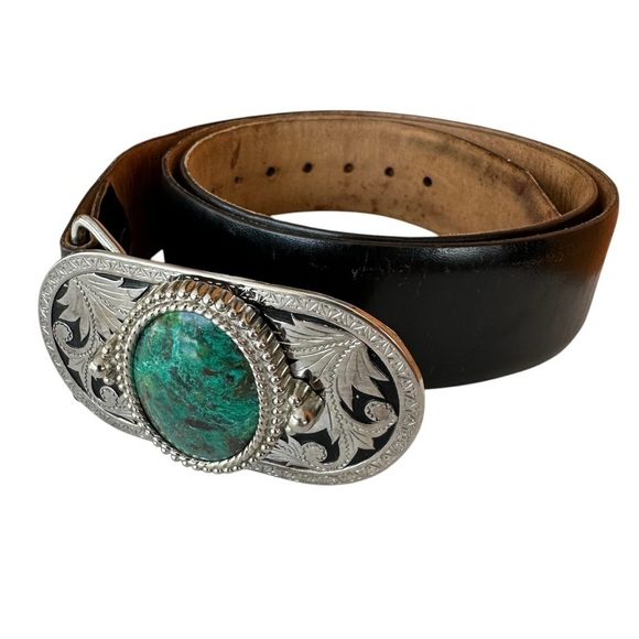 Men's Navajo Turquoise Silver Buckle Aniline Steerhide Black Leather Belt, 42 - Picture 5 of 12